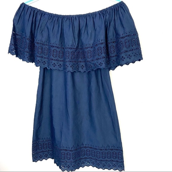 ASOS Navy Eyelet Off Shoulder Cotton/Linen Dress - Picture 6 of 7